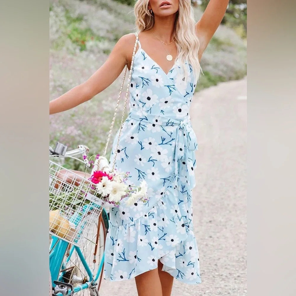 Sugar + Lips V-neck Ruffle Spaghetti Strap Floral Print Wrap Dress Medium Nwot